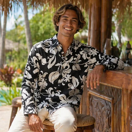 chinese dress ladies Panhandle Western Hawaiian Chambray Print Long Sleeve Snap Mens Shirt Multi S main image 0