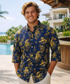 3/4 Sleeves Cotton Dragon Men's Hawaiian Shirt Navy Men's Long Sleeves Shirt
