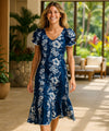 Hibiscus Knee Length Ruffle Muumuu Dress Navy