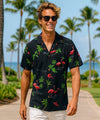 Flamingos Tropical Islands Aloha Shirt Black