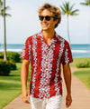 Plumeria Panel Short Sleeves Cotton Hula Shirt Red