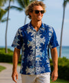 Short Sleeves Aloha Panel Men Shirt Navy