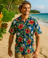 Men Hawaiian Cotton Hibiscus Shirt Navy
