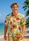 Kimo Short Sleeve Men Rayon Tropical Aloha Shirt White