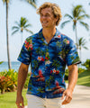 Short Sleeves Volcano Hawaiian Shirt Navy