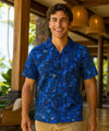 Tribal Tapa Open Collar Men's Aloha Shirt Blue