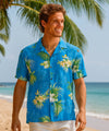 Birds of Paradise Black Rayon Aloha Shirt Sky Bue