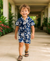 Hibiscus Aloha Shirt and Shorts Boy Set Royal Navy