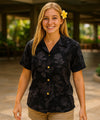 Short Sleeves Women Camp Hawaiian Blouse Black