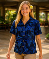 Short Sleeves Women Camp Hawaiian Blouse Navy