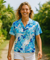 Short Sleeves Rayon Hibiscus Hawaiian Blouse Blue