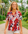 Short Sleeves Rayon Hibiscus Hawaiian Blouse Red