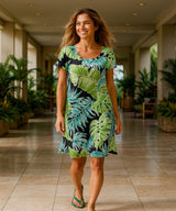 Palms Rayon Dress with Cap Sleeves Black