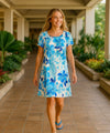 Hibiscus Watercolor Dress with Cap Sleeves Blue