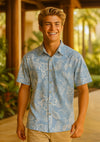 Pineapple Button Up Reverse Print Men's Aloha Shirt Blue