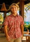 Pineapple Button Up Reverse Print Men's Aloha Shirt Red