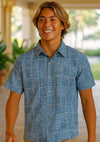 Button Up Reverse Tapa Print Men's Aloha Dress Shirt Blue