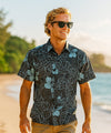 Cotton Short Sleeves Button Up Reverse Print Shirt Black