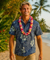 Cotton Short Sleeves Button Up Reverse Print Shirt Navy