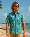Cotton Short Sleeves Button Up Reverse Print Shirt Teal