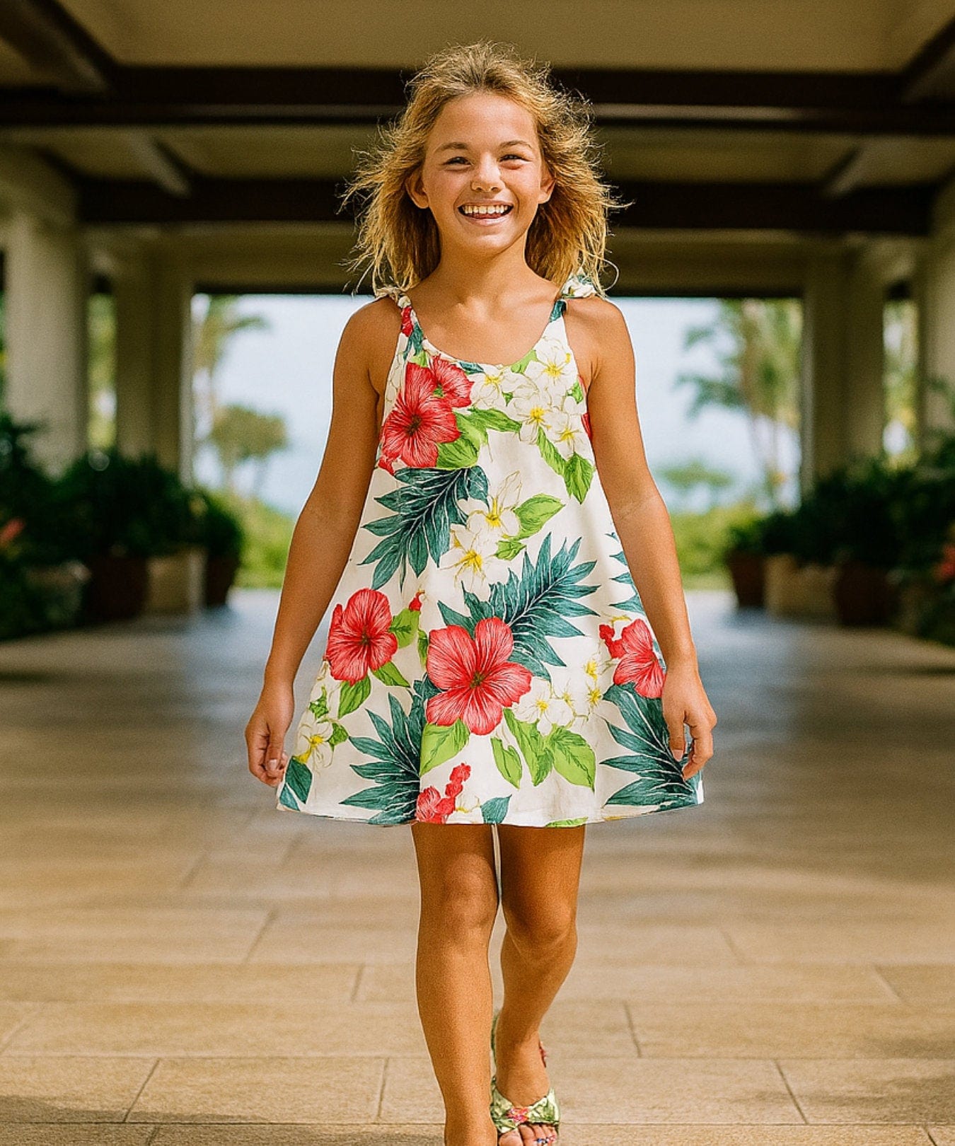 Hibiscus Girls Rayon V-Neck Tank Dress White