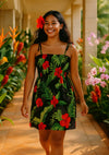 Knee Length Smock Tube-Top Hawaiian Dress Black