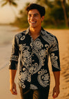 Polynesian 3/4 Sleeves Cotton Tribal Shirt Black