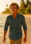 Pineapples Cotton Aloha Shirt 3/4 Sleeves Navy