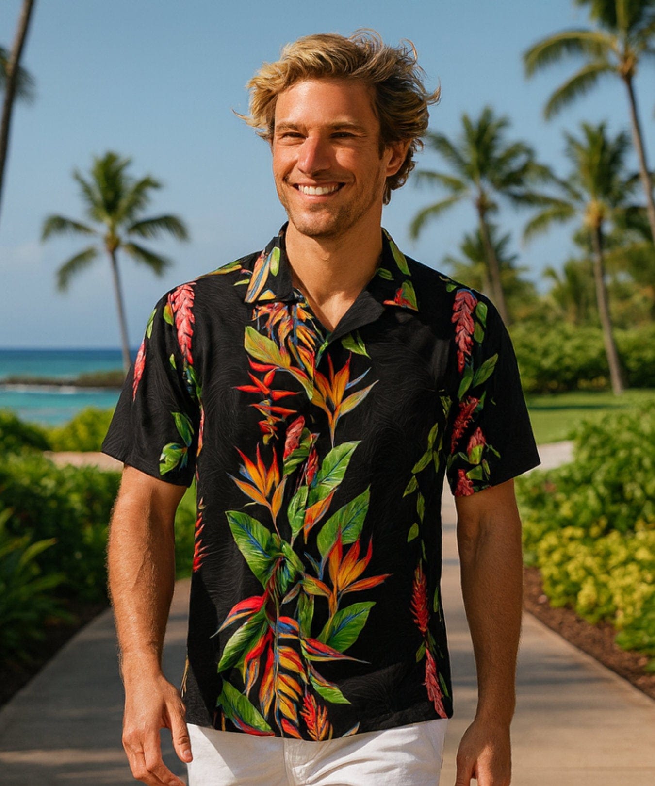 Birds of Paradise Panel Hawaiian Shirt Black