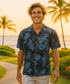 Short Sleeves Rayon Palms Men Aloha Shirt Black