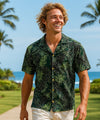 Short Sleeves Rayon Palms Men Aloha Shirt Military Green