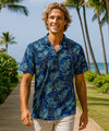 Short Sleeves Rayon Palms Men Aloha Shirt Navy