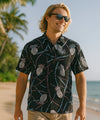 Open Collar Retro Pineapple Bamboo Rayon Shirt Black