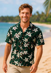 Rayon Forest Green Star Orchid Aloha Shirt Forest Green