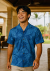 Short Sleeves Monstera Cotton Poplin Men's Shirt Blue