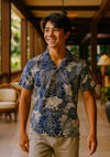 Short Sleeves Monstera Cotton Poplin Men's Shirt Navy