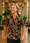 Hibiscus Pineapple Cotton Poplin Aloha Shirt Black
