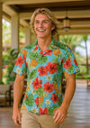 Hibiscus Pineapple Cotton Poplin Aloha Shirt Blue