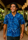 Short Sleeve Rayon Palm Leaf Aloha Shirt Navy
