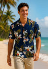 Short Sleeves Orchids Rayon Aloha Shirt Navy