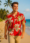 Short Sleeves Orchids Rayon Aloha Shirt Red