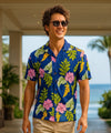 Short Sleeves Lanai Hibiscus Men's Rayon Aloha Shirt Navy