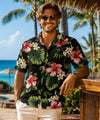 Hibiscus Short Sleeves Relax Fit Aloha Shirt Black Men's Rayon Shirts