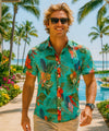 Tropical Wrinkle-Free Aloha Shirt Teal Poly Spandex Shirt Lialoha