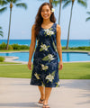 Orchids Knee Length Makani Hawaiian Dress Navy