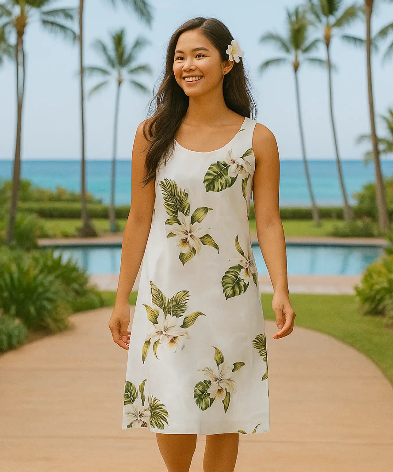 Orchids Knee Length Makani Hawaiian Dress White