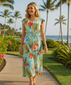 Hibiscus Cap Sleeves Full Length Hawaiian Dress Aqua