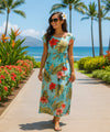 Hibiscus Cap Sleeves Full Length Hawaiian Dress Light Sky Blue