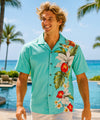 Orchids Side Panel Cotton Men's Aloha Shirt Aqua