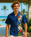 Orchids Side Panel Cotton Men's Aloha Shirt Navy